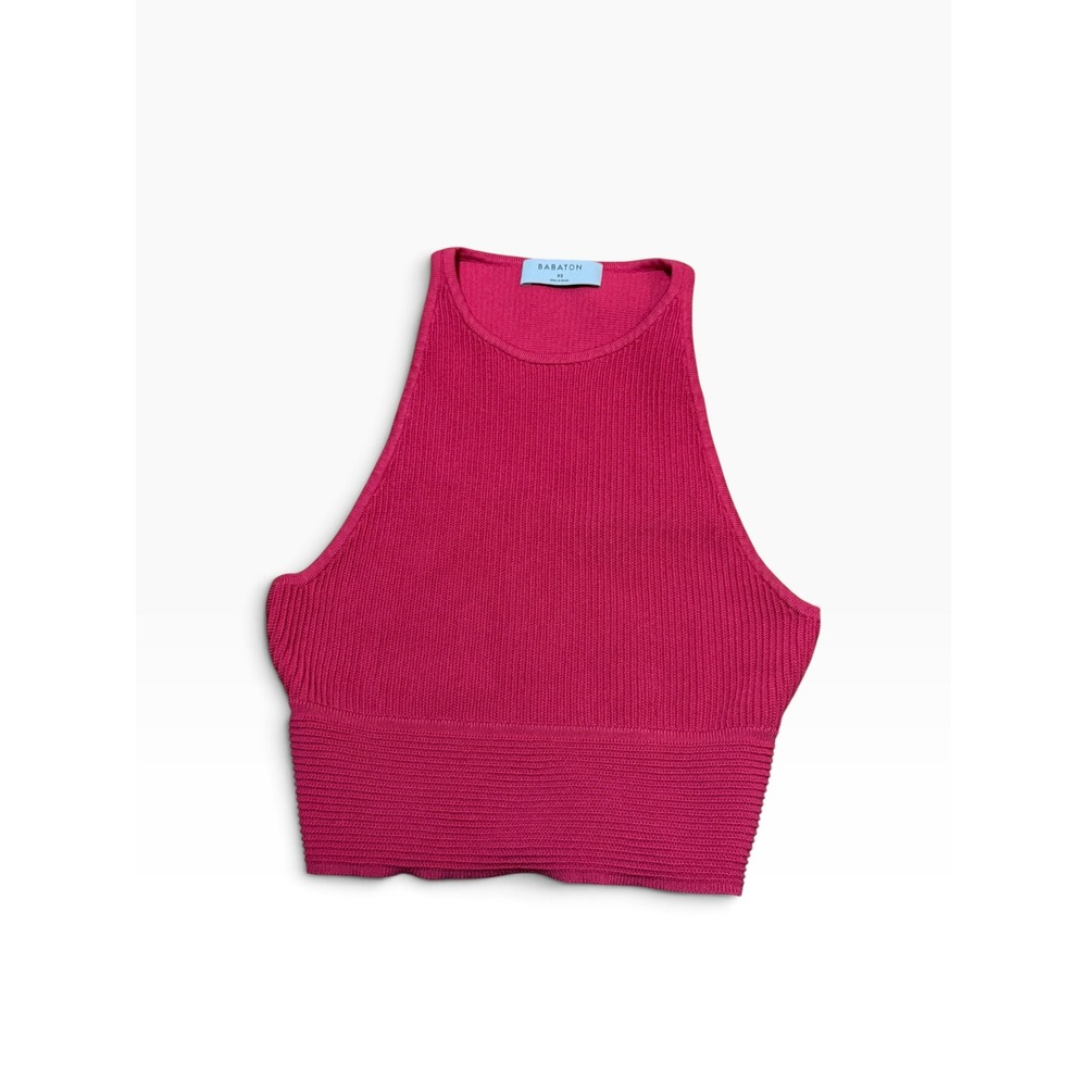 Babaton Aritzia Sculpt Knit High Neck Crop Top Magenta Pink XS Ribbed Racerback